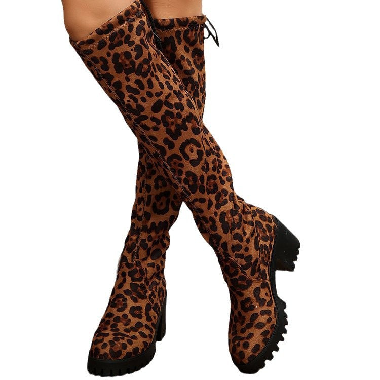 Damen Überknee-Stiefel mit modischem Leopardenmuster und robustem Blockabsatz EB