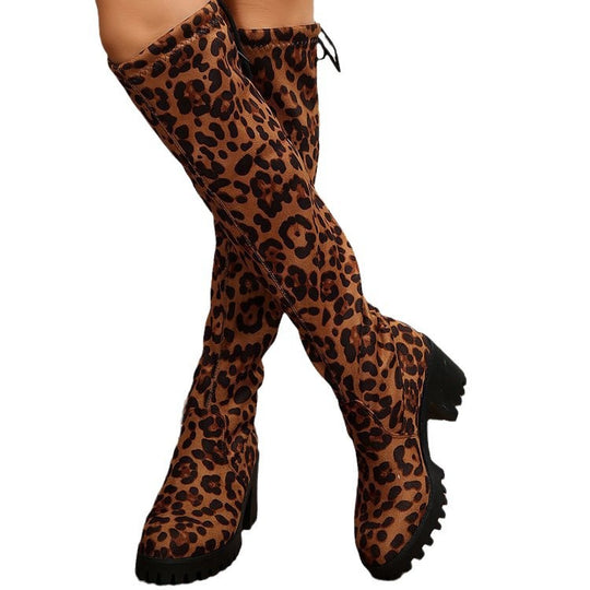 Damen Überknee-Stiefel mit modischem Leopardenmuster und robustem Blockabsatz EB