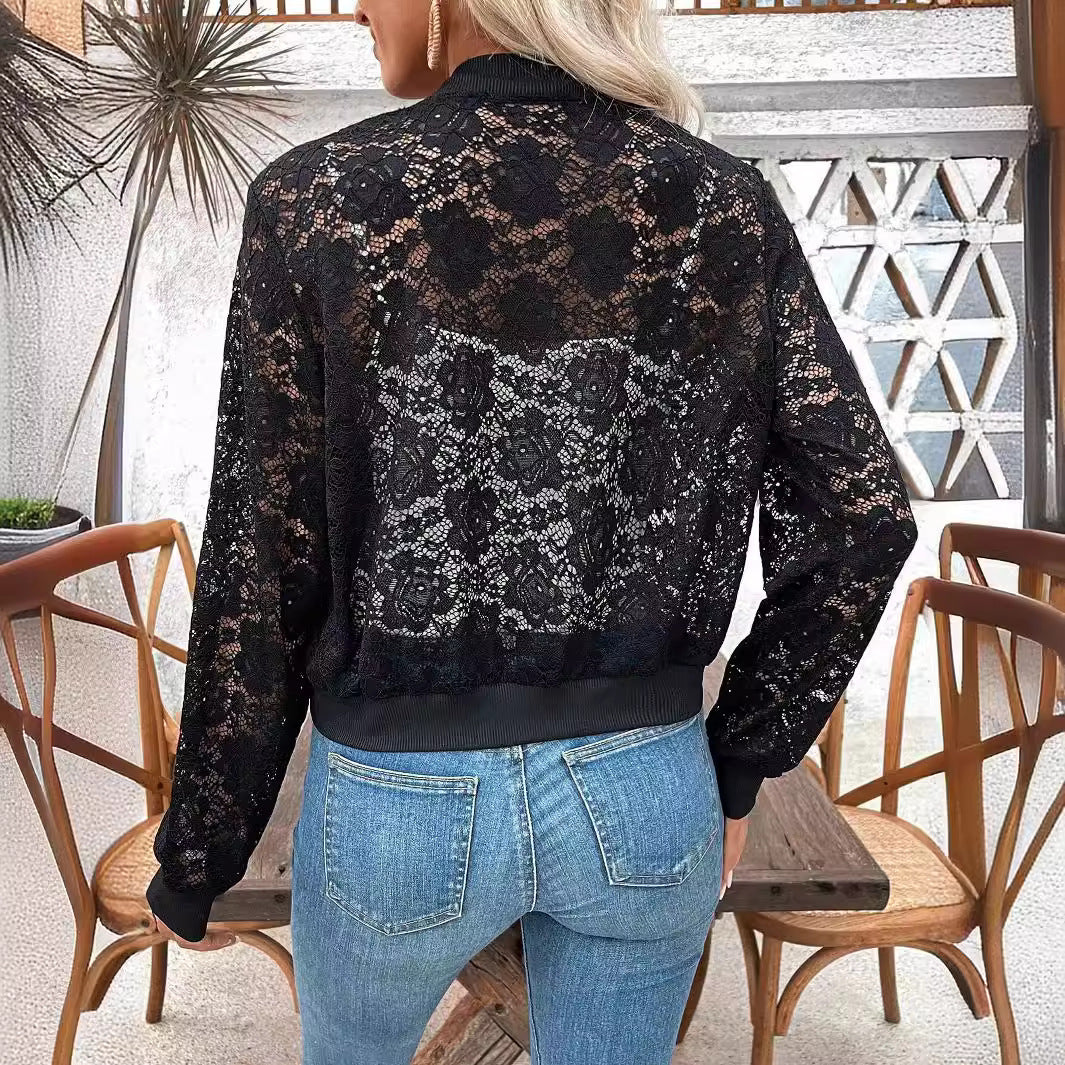Damen nan Spitzen-Bomberjacke mit Reißverschluss, Rippbündchen und floraler Transparenz EB