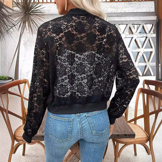 Damen nan Spitzen-Bomberjacke mit Reißverschluss, Rippbündchen und floraler Transparenz EB