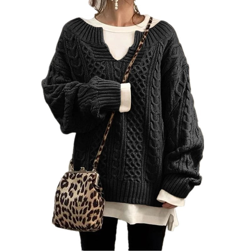 Damen nan weit geschnittener Strickpullover mit Zopfmuster und V-Ausschnitt EB