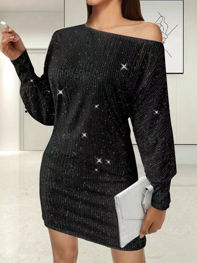 Damen Glamouröses Minikleid mit asymmetrischem Schulterdesign und Funkeleffekten EB