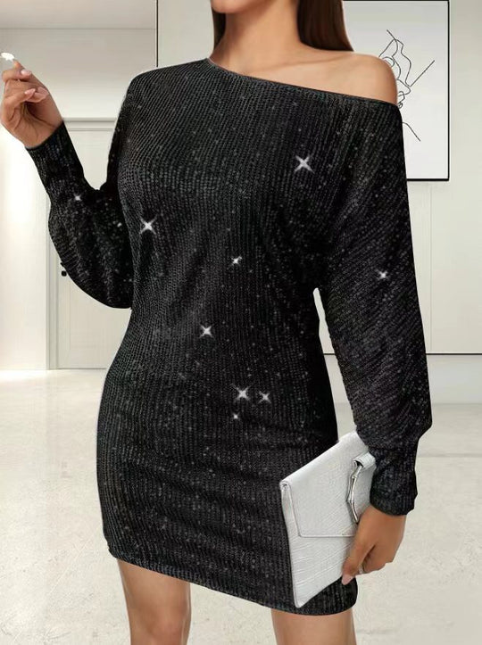Damen Glamouröses Minikleid mit asymmetrischem Schulterdesign und Funkeleffekten EB