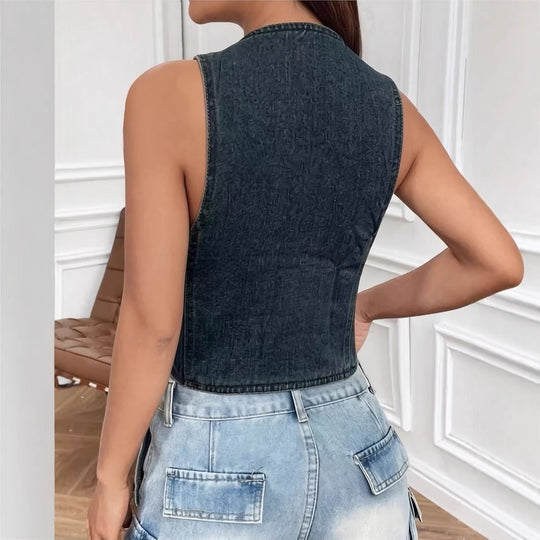 Damen ärmellose Denim-Weste mit aufgesetzten Taschen und tiefem V-Ausschnitt EB