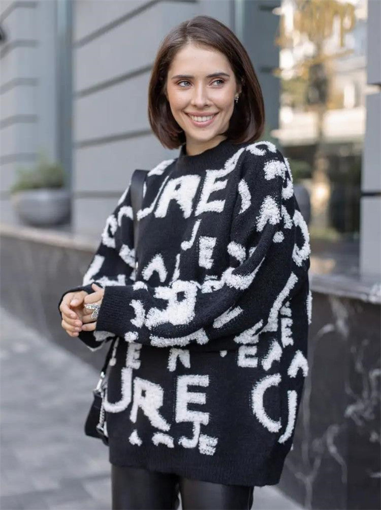 Damen übergroßer Pullover mit auffälligem Schriftzug und weichem Material EB