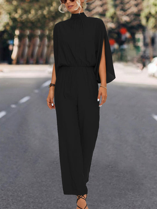 Damen Eleganter Jumpsuit mit fließendem Cape-Design und hochgeschlossenem Ausschnitt EB