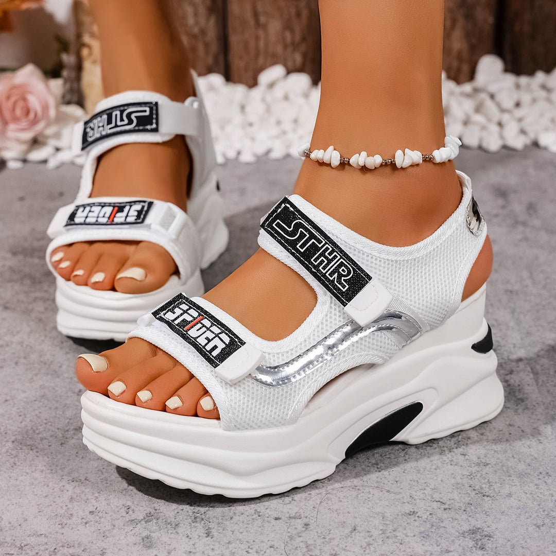 Damen Plateau-Sandalen mit verstellbaren Riemen und modischem Glitzer-Design EB