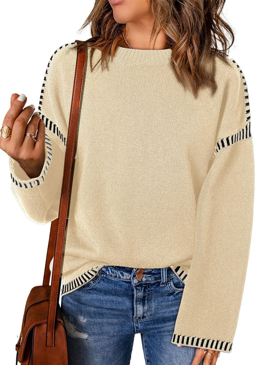 Damen modischer Pullover mit kontrastierenden Ärmelabschlüssen und legerem Schnitt EB