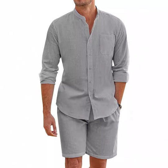 Herren nan Leinenoptik-Zweiteiler mit Stehkragen-Hemd, Brusttasche und legeren Shorts EB