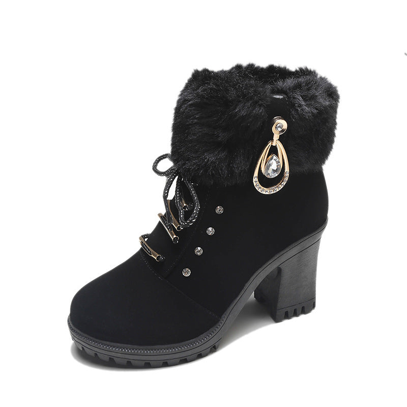 Damen Kunstfellgefütterte Stiefeletten mit eleganten Schnallen und robustem Blockabsatz EB