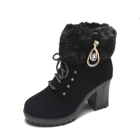 Damen Kunstfellgefütterte Stiefeletten mit eleganten Schnallen und robustem Blockabsatz EB