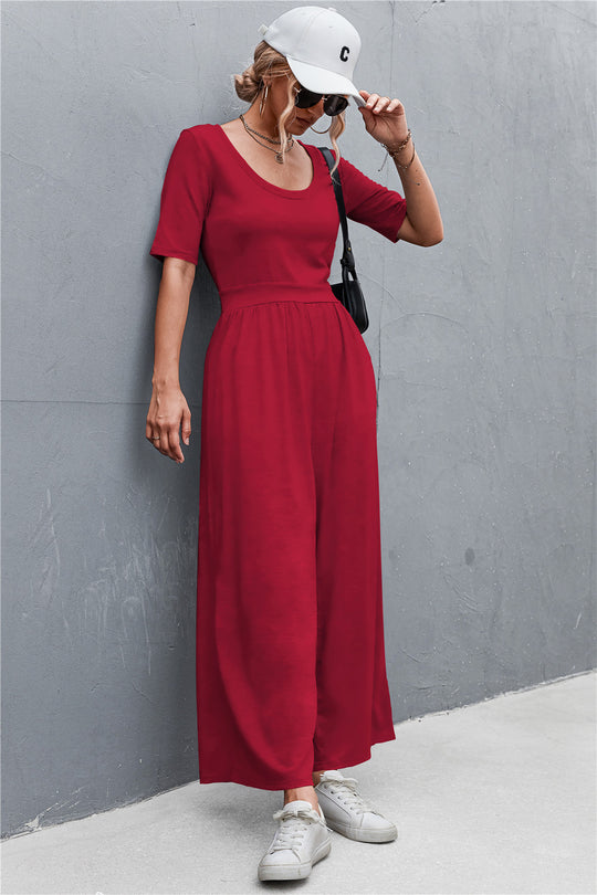 Damen Jumpsuit mit weitem Bein und elegantem Rundhalsausschnitt EB