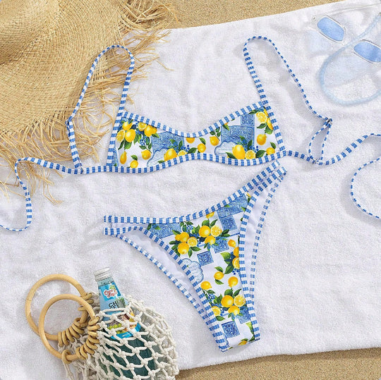 Damen Triangel-Bikini mit floralem Design und Bindedetails EB