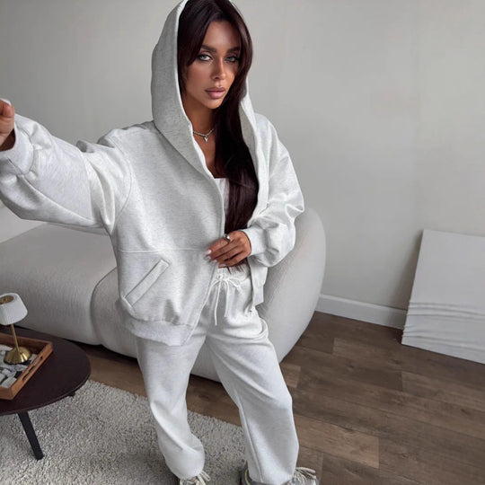 Damen Oversized Hoodie-Jacke mit hoher Stehkapuze und gerader Relax-Sweathose EB