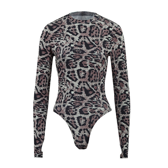 Damen Langarm Bodysuit mit modischem Animal Print EB