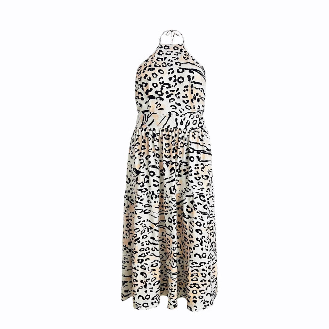 Damen Maxikleid im modernen Animal-Print mit tiefem V-Ausschnitt und fließendem Saum EB