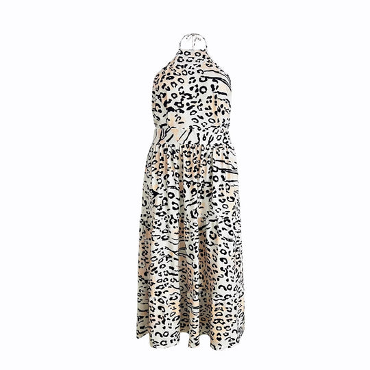 Damen Maxikleid im modernen Animal-Print mit tiefem V-Ausschnitt und fließendem Saum EB