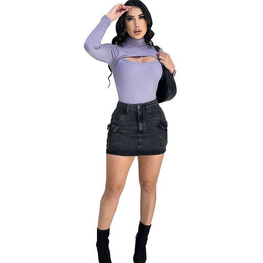 Damen Trendy Langarmoberteil mit Stehkragen und Cut-Out-Details EB