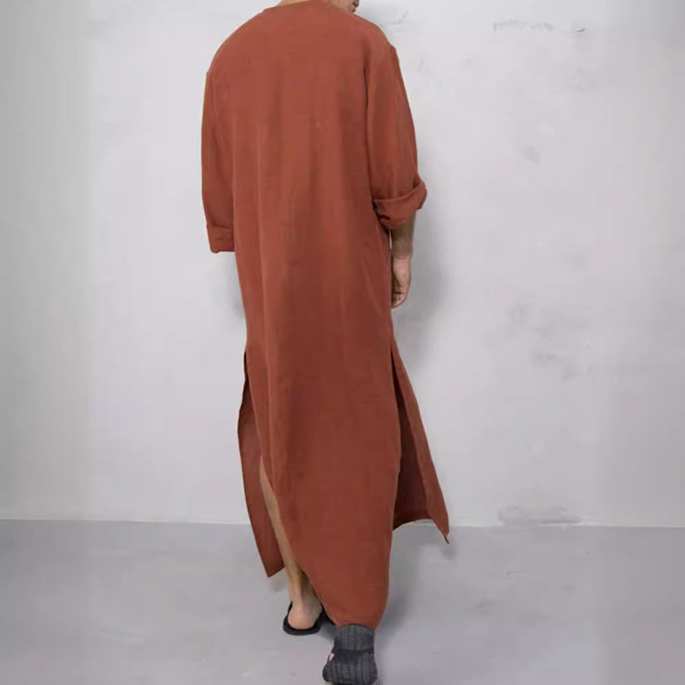 Herren nan weites langes Tunika-Kaftan aus atmungsaktivem Leinen mit Stehkragen Knopfblende und aufgesetzten Taschen EB
