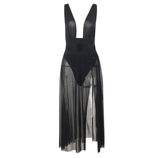 Damen Strandkleid mit tiefem V-Ausschnitt und durchscheinendem Rock EB