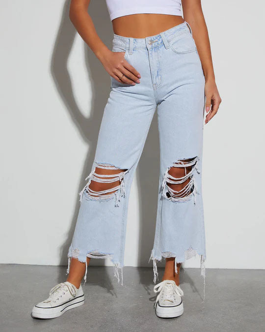 Damen Distressed Jeans mit weitem Bein und fransigem Saum EB