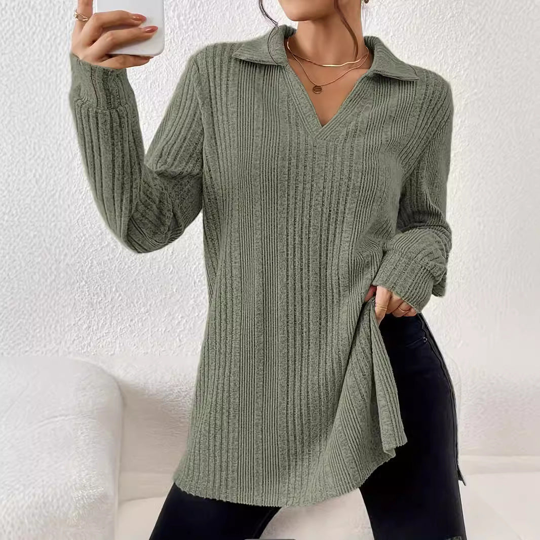 Damen Langarm Shirt mit strukturiertem V-Ausschnitt und schmalen Rippdetails EB