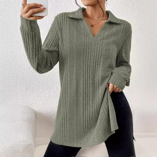Damen Langarm Shirt mit strukturiertem V-Ausschnitt und schmalen Rippdetails EB