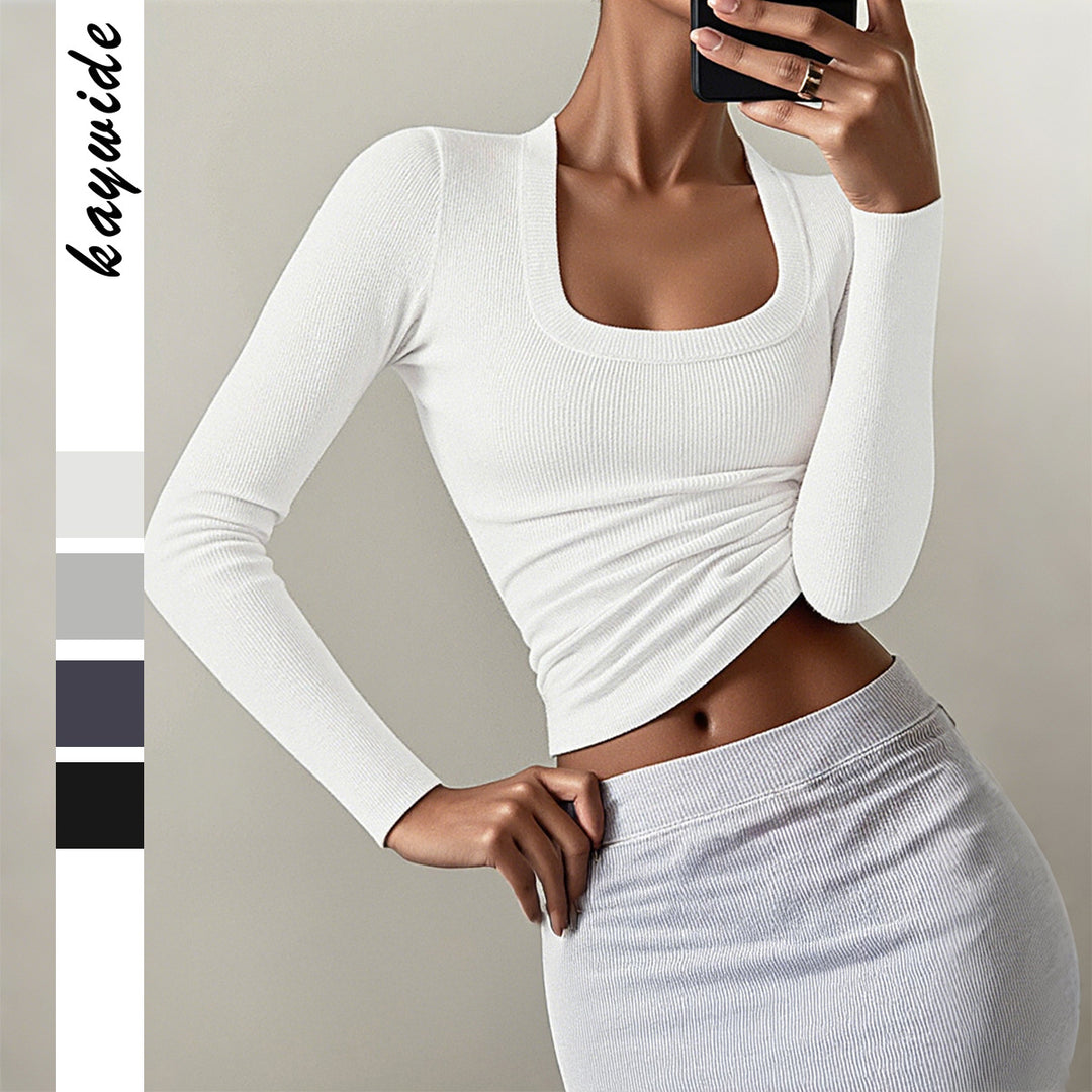 Damen nan figurbetontes Rippstrick-Longsleeve mit tiefem Quadrat-Ausschnitt EB