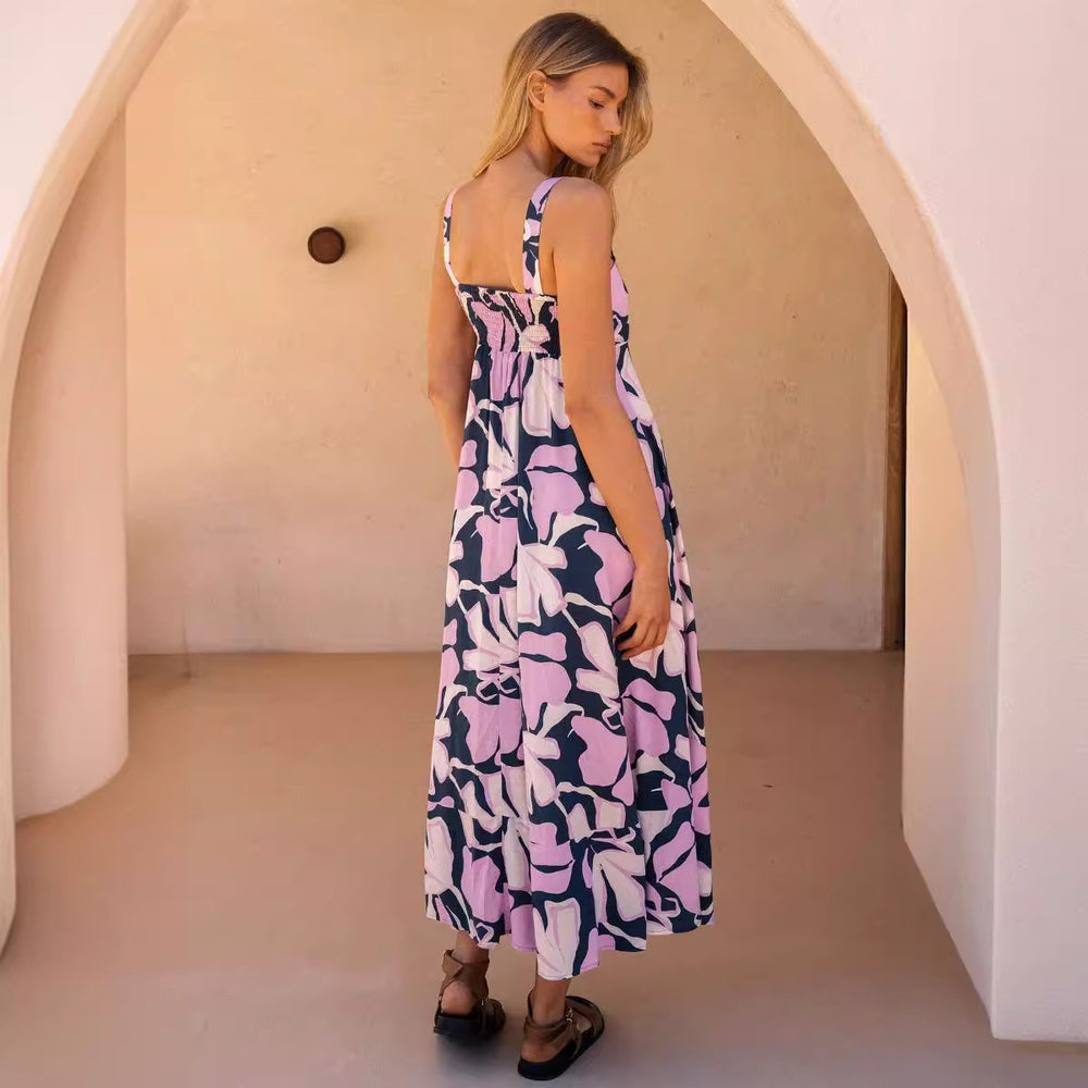 Damen Maxikleid mit Blumenmuster und verstellbaren Spaghettiträgern EB