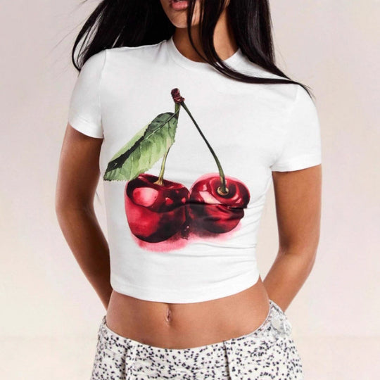 Damen Crop-T-Shirt mit fruchtigem Kirschmotiv und figurbetontem Schnitt EB