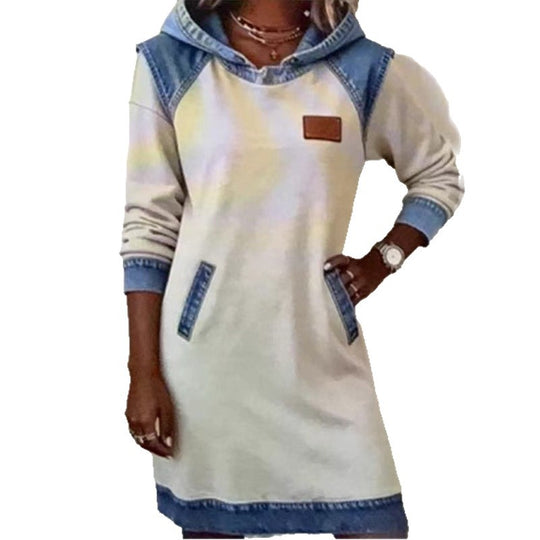 Damen nan Kapuzen-Sweatkleid mit Jeans-Applikationen, Kängurutaschen und lässigem Schnitt EB