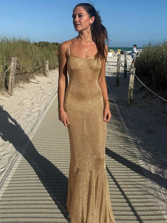 Damen Elegantes Maxikleid mit schwingendem Rock und feinen Spaghettiträgern EB