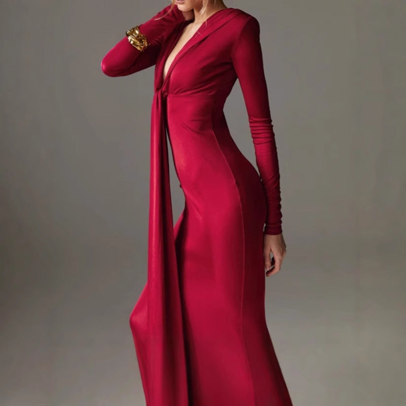 Damen Elegantes Langarm-Maxi-Kleid mit raffiniertem Knoten-Detail und figurformendem Design EB
