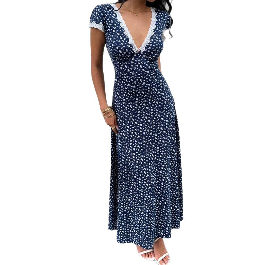 Damen Maxikleid mit floralem Muster und elegantem Spitzenbesatz EB