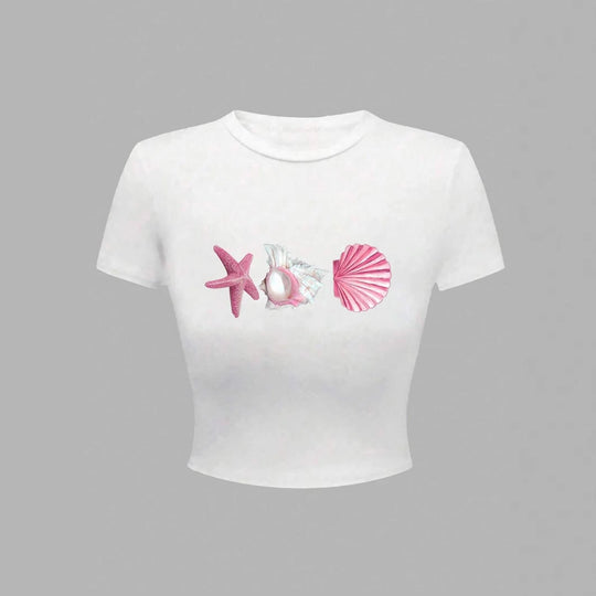 Damen Crop-T-Shirt mit maritimen Aufdrucken EB