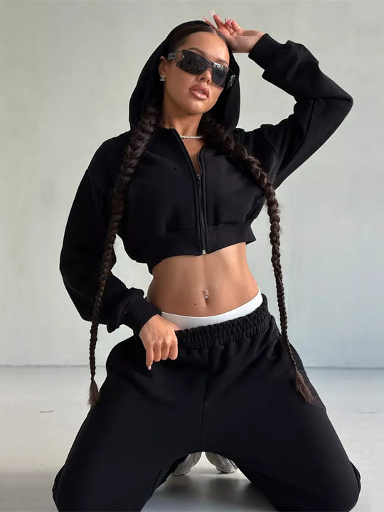 Damen cropped Sportjacke und lockere Jogginghose Set EB