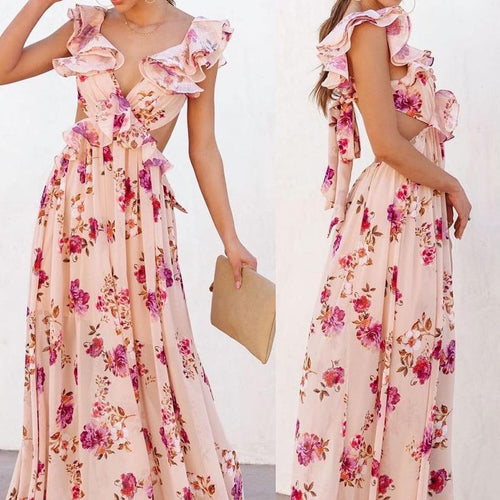 Damen Elegantes Maxikleid mit Rüschendetails und floralem Design EB