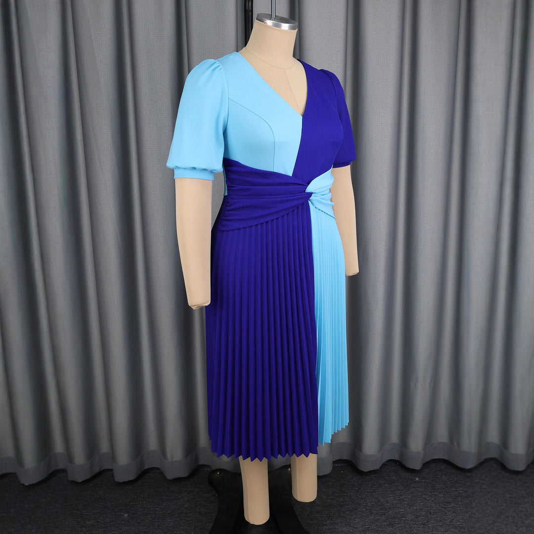 Damen plissiertes Midi-Kleid mit Farbblockdesign und Wickeloptik EB