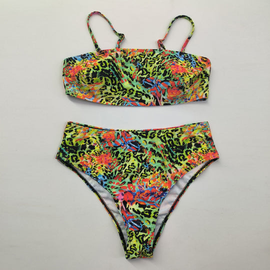 Damen Hochgeschnittener Bikini mit farbenfrohem Leopardenmuster EB