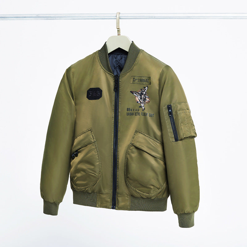 Men's  padded pilot-style bomber jacket with embroidered jet motif and dual angled front cargo pockets EB