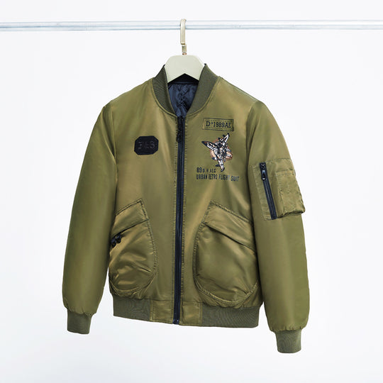 Men's  padded pilot-style bomber jacket with embroidered jet motif and dual angled front cargo pockets EB