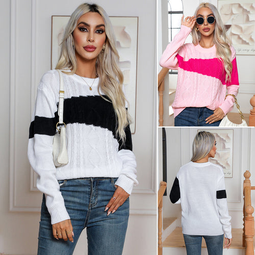 Damen Strickpullover mit modernen Kontrasten und Zopfmuster EB