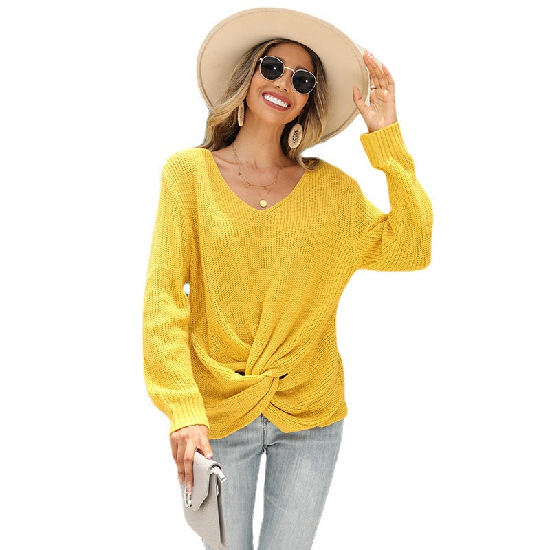 Damen lässiger Strickpullover mit modernem Knotendesign und V-Ausschnitt EB