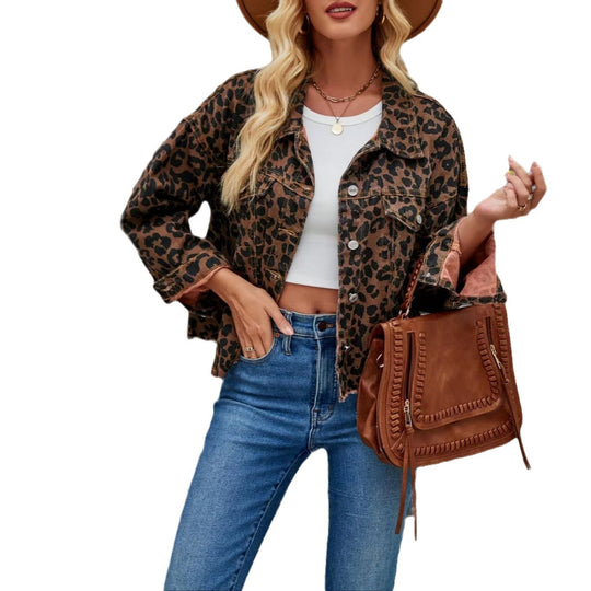 Damen Jeansjacke mit Leopardenmuster und lässigem Schnitt EB