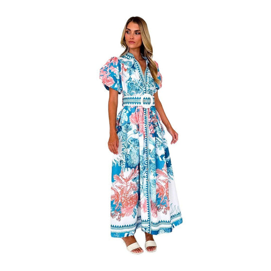 Damen Maxikleid mit hohem Kragen und eleganten Puffärmeln EB