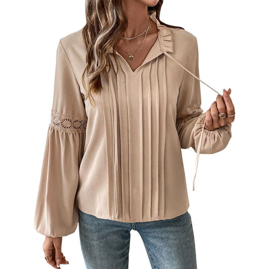 Damen Bluse mit feinen Falten und Spitze EB