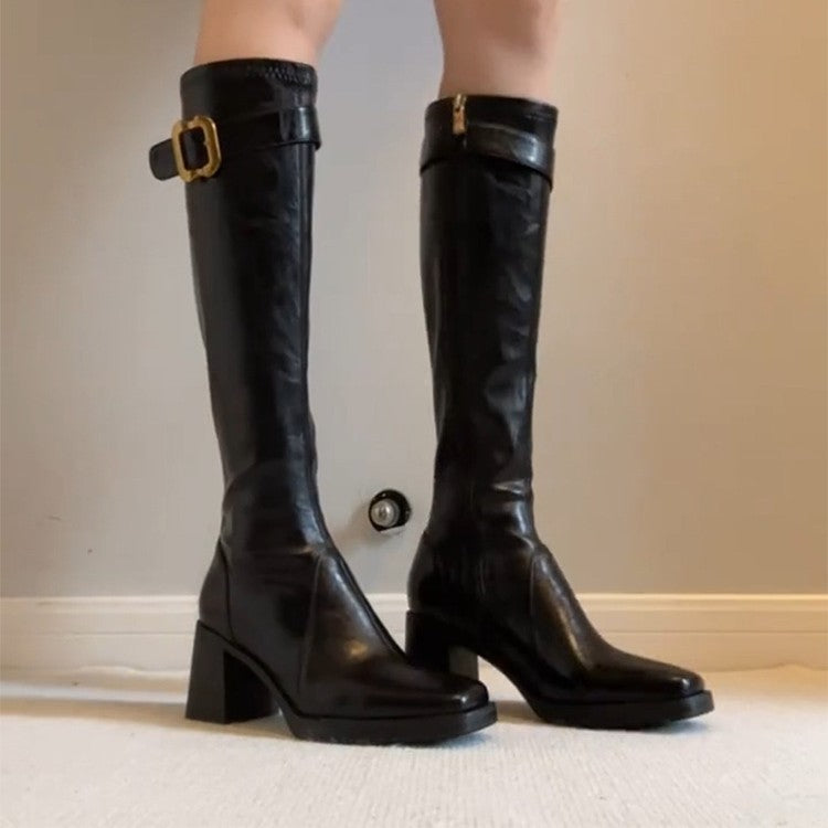 Damen Stiefel mit elegantem Blockabsatz und modischem Schnallenverschluss EB
