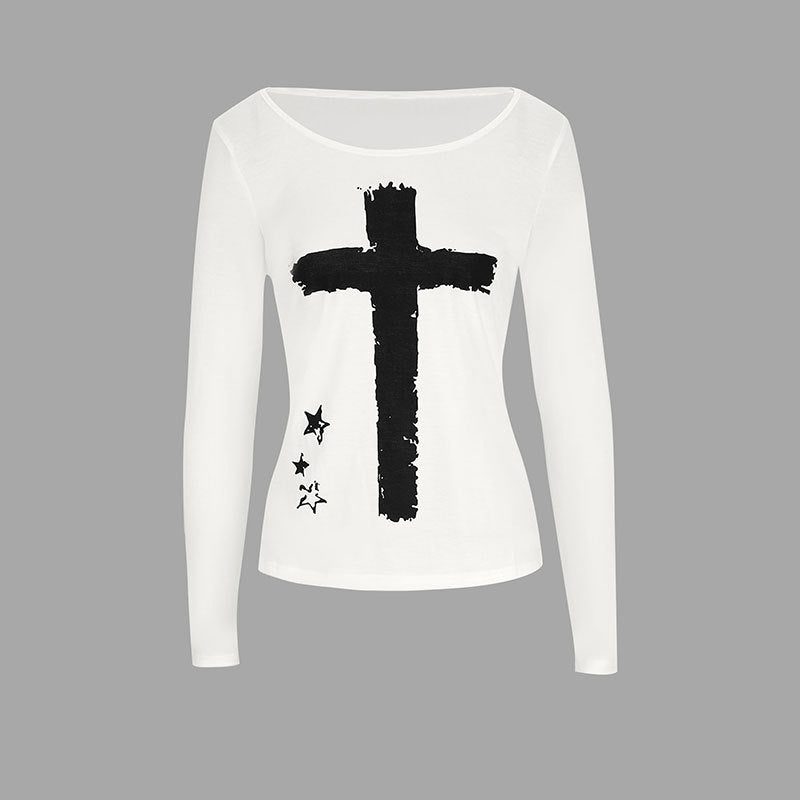 Damen Langarm-T-Shirt mit kreativem Motiv und Rundhalsausschnitt EB