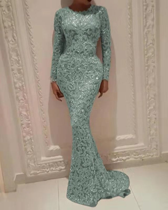 Damen Glamouröses Hochzeitskleid mit funkelnden Pailletten und langen Ärmeln EB