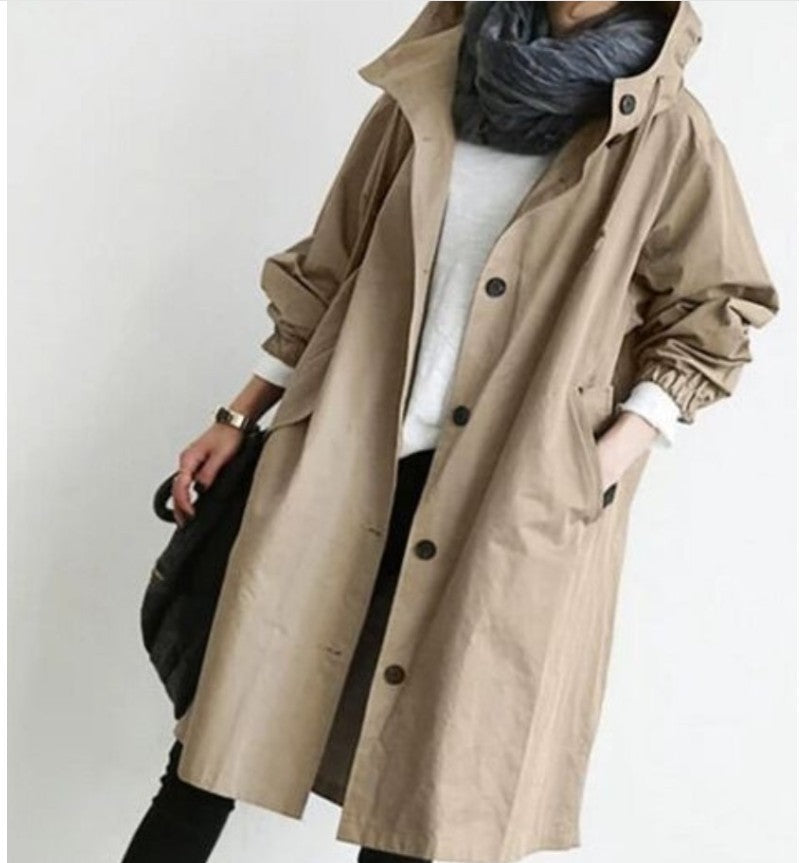 Damen nan leichter oversized Regenmantel mit Kapuze und verdeckter Knopfleiste EB
